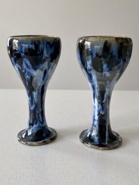 Handcrafted Ceramic Goblets Set of 2 Blue Black Glaze Pottery Chalices 7.75”